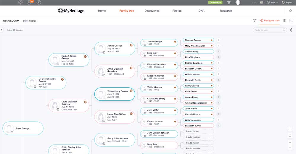 Pedigree view showing 6 full generations
