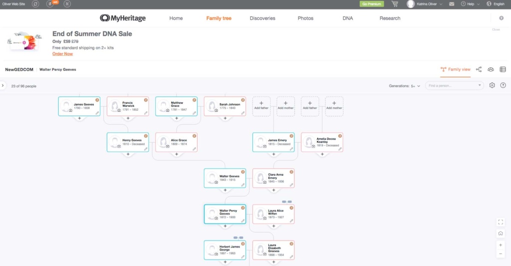 The MyHeritage Family screen