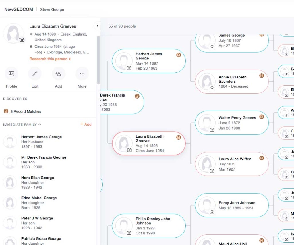 Screen shot showing selected individual with details in the sidebar